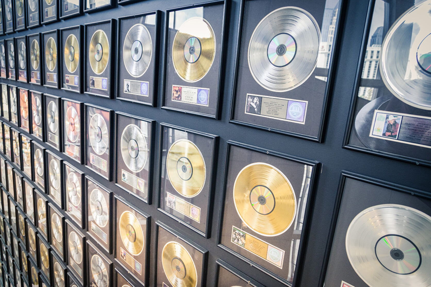 A wall of record discs