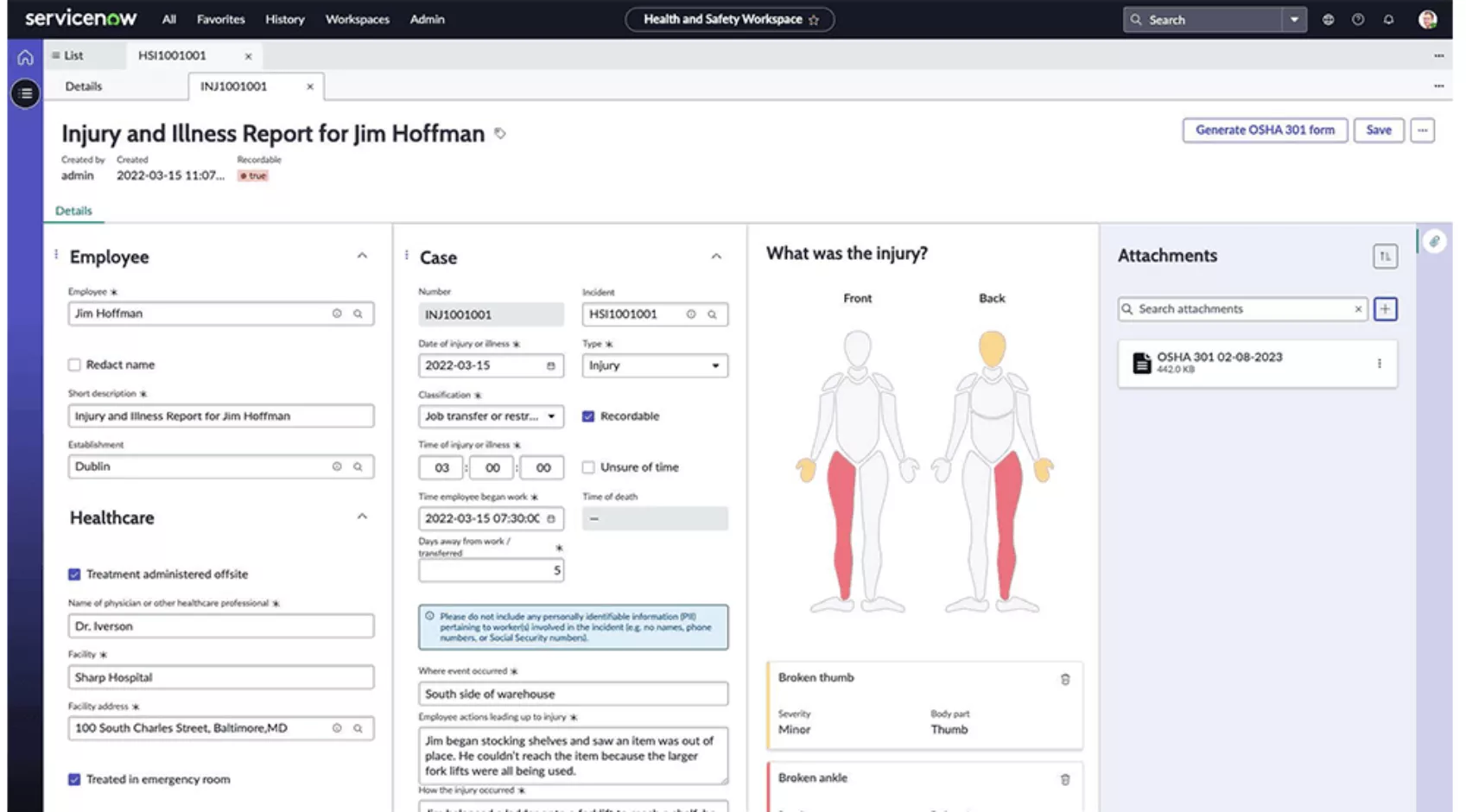 A screenshot of an injury and illness report for an employee in ServiceNow's new Health and Safety application, showing case, healthcare and injury information.