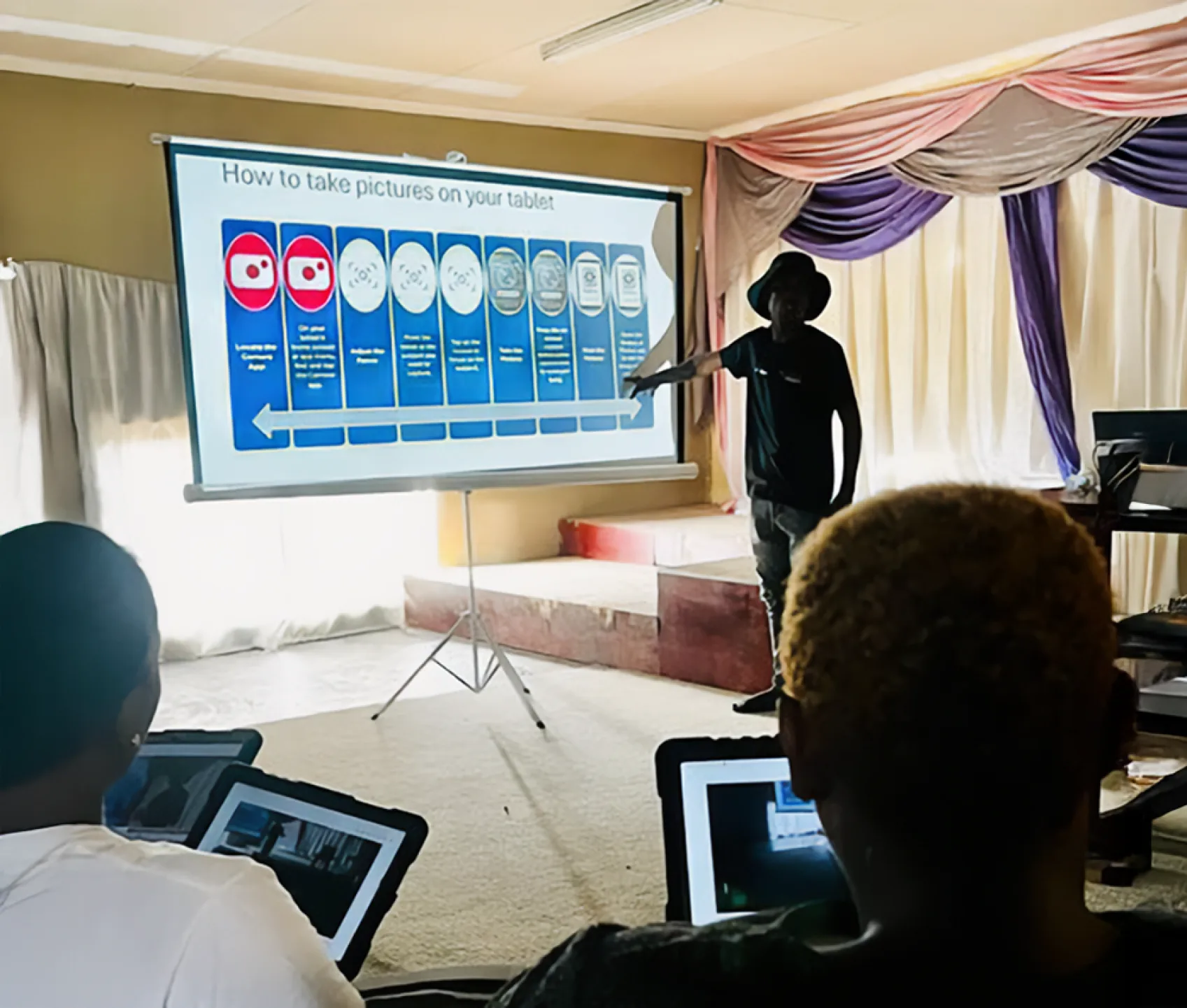 Two people can be seen attending a training course on how to use their new tablet devices. They're facing a man who's stood pointing at a slide projected onto a free standing screen.