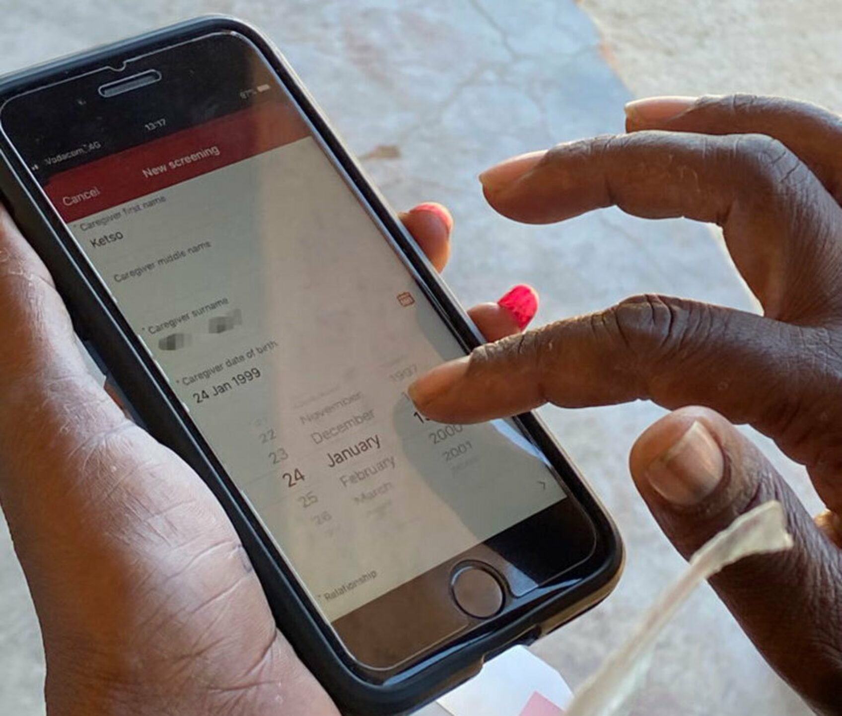 A close-up of Ndlovu's new ServiceNow application in use by a Community Health Worker.