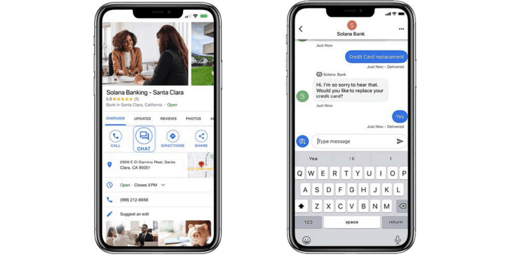Two phones side by side show an interaction between a customer and a live agent using the new chat function available in Google business listings for ServiceNow customers.