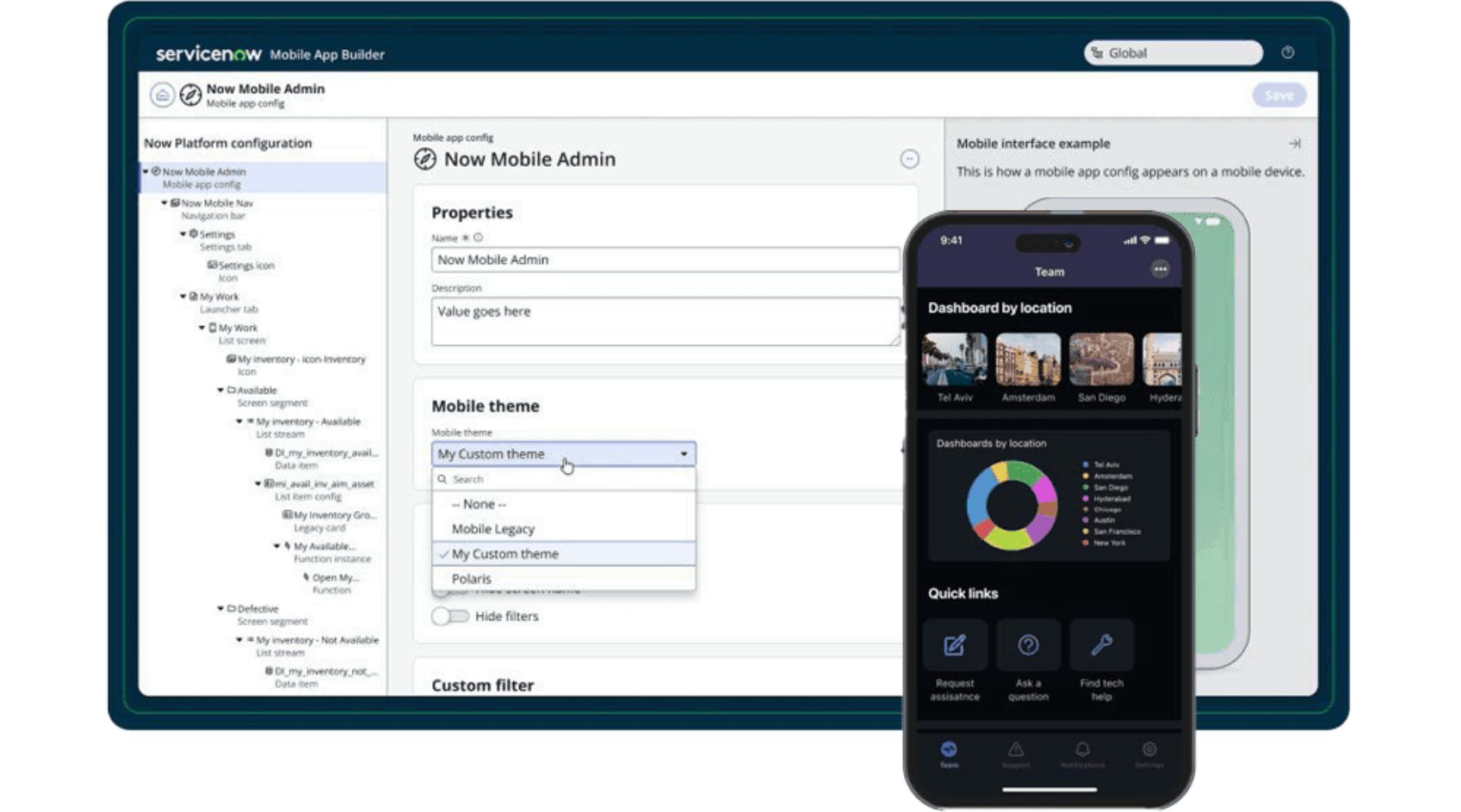 A screenshot of the Now Mobile Admin portal page showing the custom theme mobile option being selected.