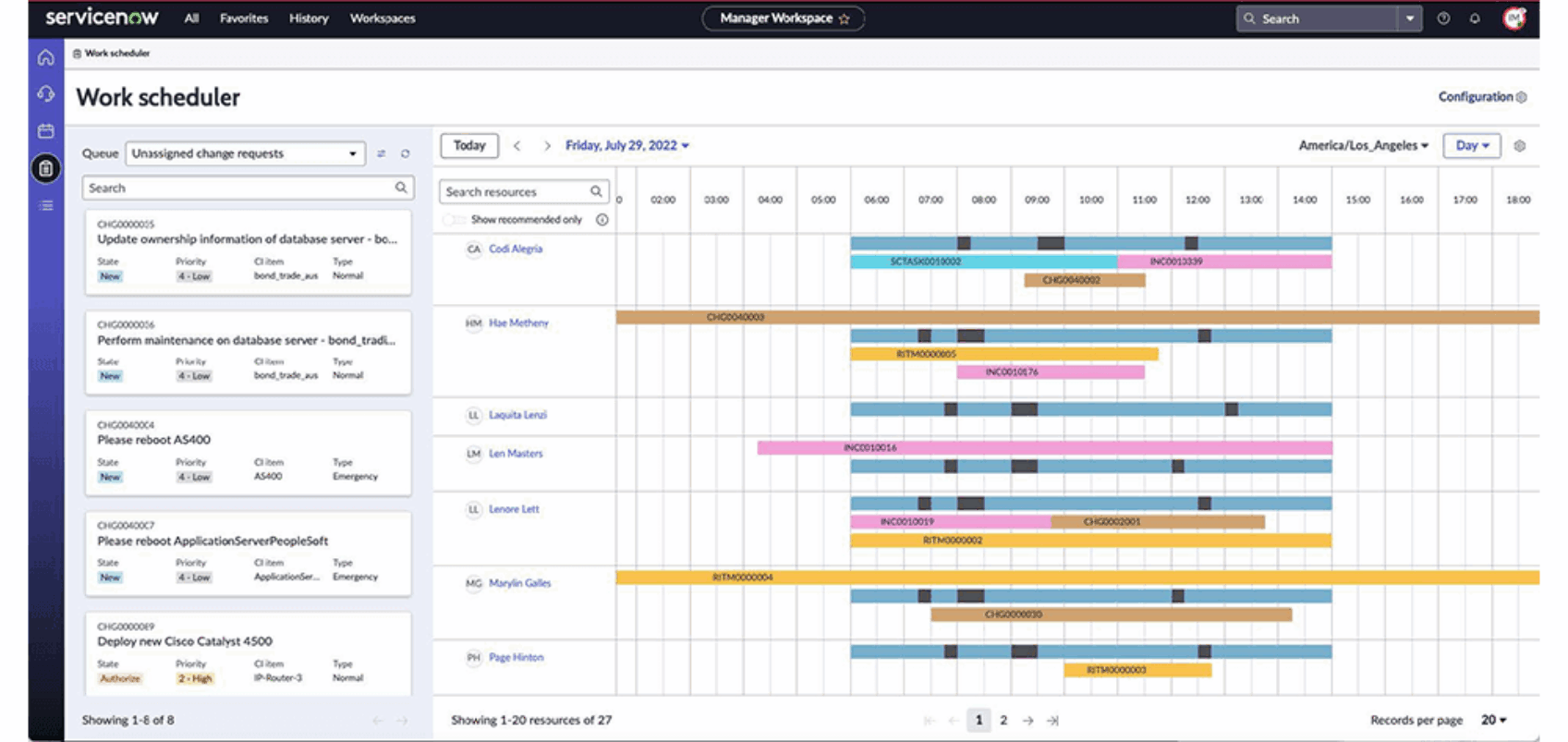 A screenshot from ServiceNow Workforce Optimisation showing the work scheduler view.